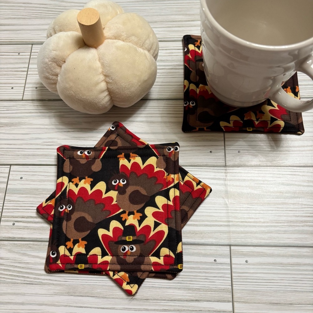 Handmade Turkey Print Reusable Washable Fabric Coaster Set